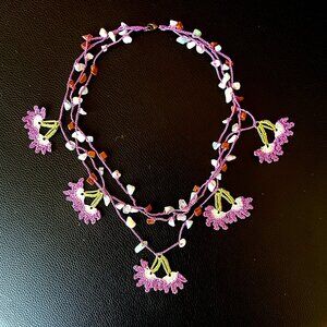 Handmade Purple Macrame Necklace with Flowers, Colorful Stones